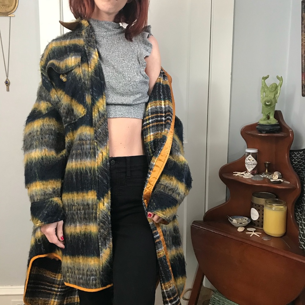 Urban Outfitters Plaid Yellow Brushed Retro Coat